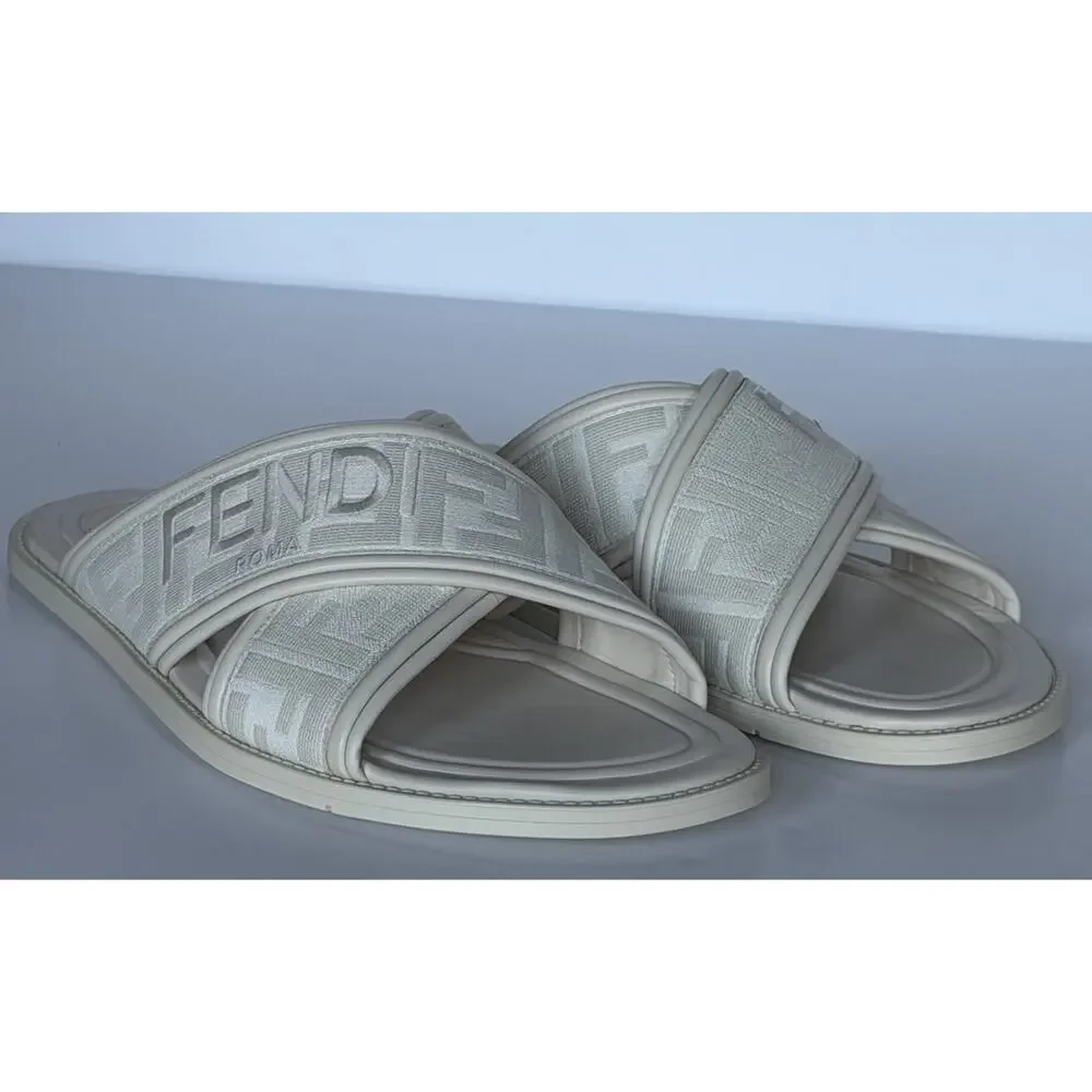 Fendi Men's FF Leather/Fabric Ivory Slide Sandals 8 US/7 UK IT 7X1548 NIB $730